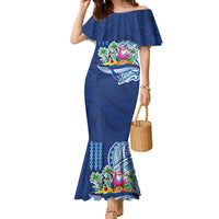 Hawaiian Mele Kalikimaka Family Matching Mermaid Dress and Hawaiian Shirt Funny Santa on Whale Island with Kakau Tattoos LT03 Mom's Dress Blue - Polynesian Pride