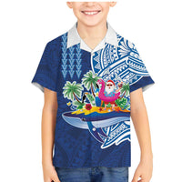 Hawaiian Mele Kalikimaka Family Matching Mermaid Dress and Hawaiian Shirt Funny Santa on Whale Island with Kakau Tattoos LT03 Son's Shirt Blue - Polynesian Pride