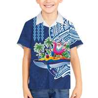 Hawaiian Mele Kalikimaka Family Matching Off The Shoulder Long Sleeve Dress and Hawaiian Shirt Funny Santa on Whale Island with Kakau Tattoos LT03 Son's Shirt Blue - Polynesian Pride