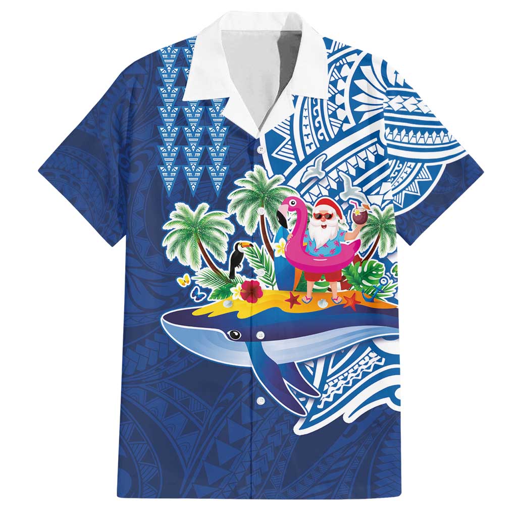 Hawaiian Mele Kalikimaka Family Matching Off Shoulder Short Dress and Hawaiian Shirt Funny Santa on Whale Island with Kakau Tattoos LT03 Dad's Shirt - Short Sleeve Blue - Polynesian Pride