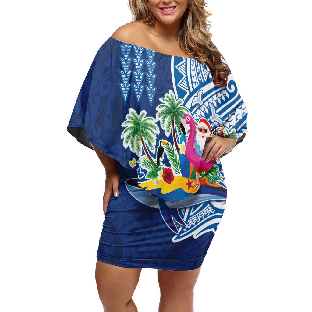 Hawaiian Mele Kalikimaka Family Matching Off Shoulder Short Dress and Hawaiian Shirt Funny Santa on Whale Island with Kakau Tattoos LT03 Mom's Dress Blue - Polynesian Pride