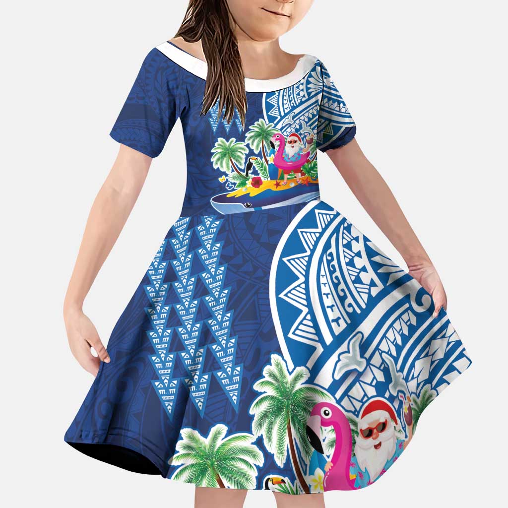 Hawaiian Mele Kalikimaka Family Matching Puletasi and Hawaiian Shirt Funny Santa on Whale Island with Kakau Tattoos LT03 Daughter's Dress Blue - Polynesian Pride