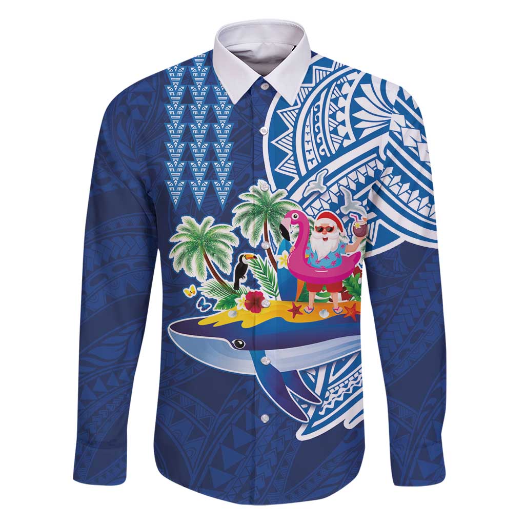 Hawaiian Mele Kalikimaka Family Matching Puletasi and Hawaiian Shirt Funny Santa on Whale Island with Kakau Tattoos LT03 Dad's Shirt - Long Sleeve Blue - Polynesian Pride