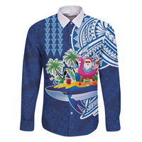 Hawaiian Mele Kalikimaka Family Matching Puletasi and Hawaiian Shirt Funny Santa on Whale Island with Kakau Tattoos LT03 Dad's Shirt - Long Sleeve Blue - Polynesian Pride