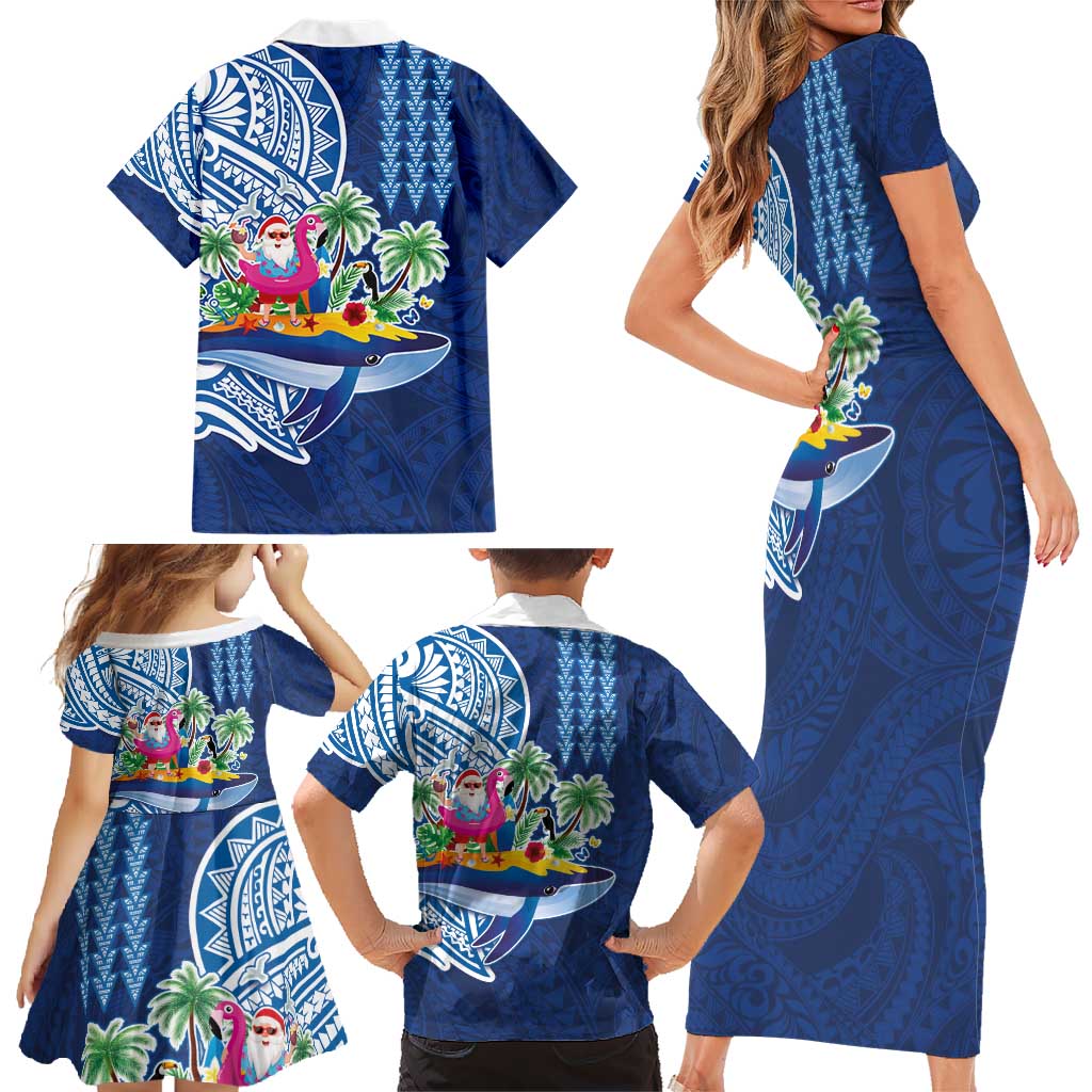 Hawaiian Mele Kalikimaka Family Matching Short Sleeve Bodycon Dress and Hawaiian Shirt Funny Santa on Whale Island with Kakau Tattoos LT03 - Polynesian Pride