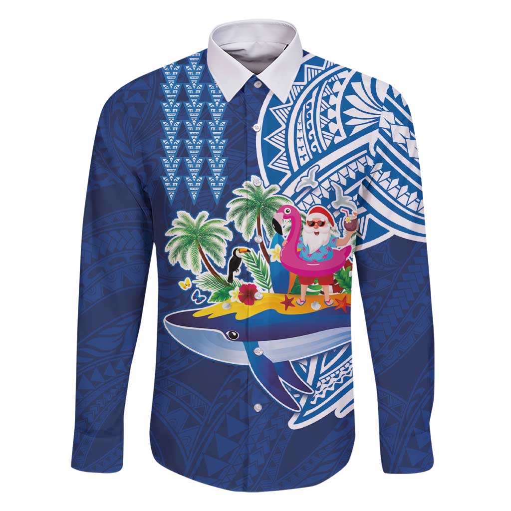 Hawaiian Mele Kalikimaka Family Matching Short Sleeve Bodycon Dress and Hawaiian Shirt Funny Santa on Whale Island with Kakau Tattoos LT03 Dad's Shirt - Long Sleeve Blue - Polynesian Pride