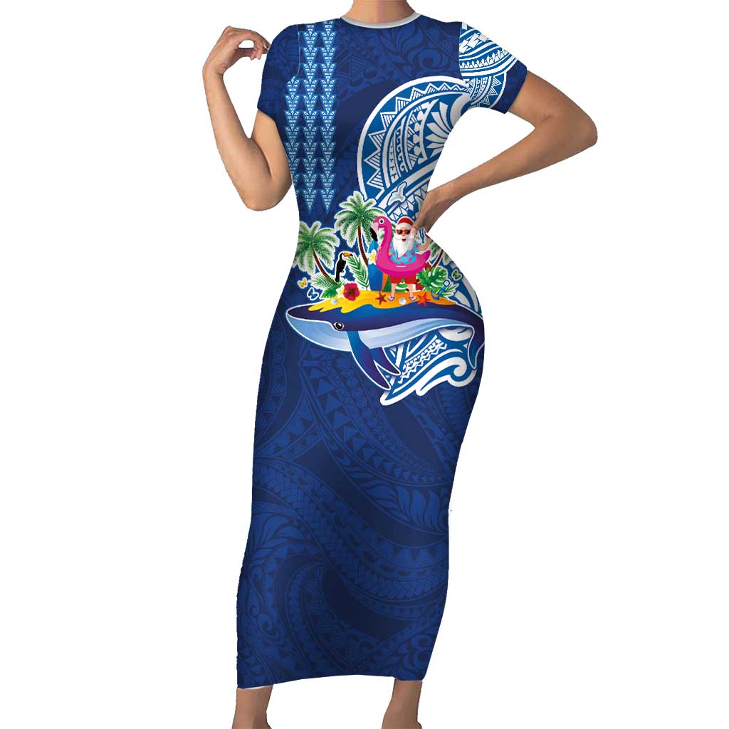 Hawaiian Mele Kalikimaka Family Matching Short Sleeve Bodycon Dress and Hawaiian Shirt Funny Santa on Whale Island with Kakau Tattoos LT03 Mom's Dress Blue - Polynesian Pride