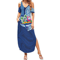 Hawaiian Mele Kalikimaka Family Matching Summer Maxi Dress and Hawaiian Shirt Funny Santa on Whale Island with Kakau Tattoos LT03 Mom's Dress Blue - Polynesian Pride