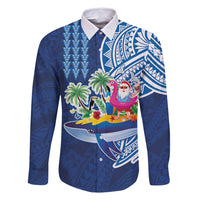Hawaiian Mele Kalikimaka Family Matching Tank Maxi Dress and Hawaiian Shirt Funny Santa on Whale Island with Kakau Tattoos LT03 Dad's Shirt - Long Sleeve Blue - Polynesian Pride