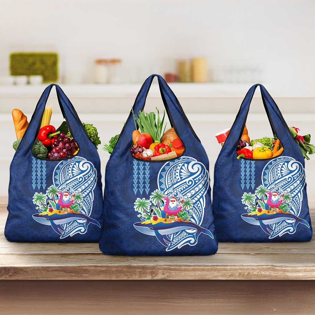Hawaiian Mele Kalikimaka Grocery Bag Funny Santa on Whale Island with Kakau Tattoos - Polynesian Pride