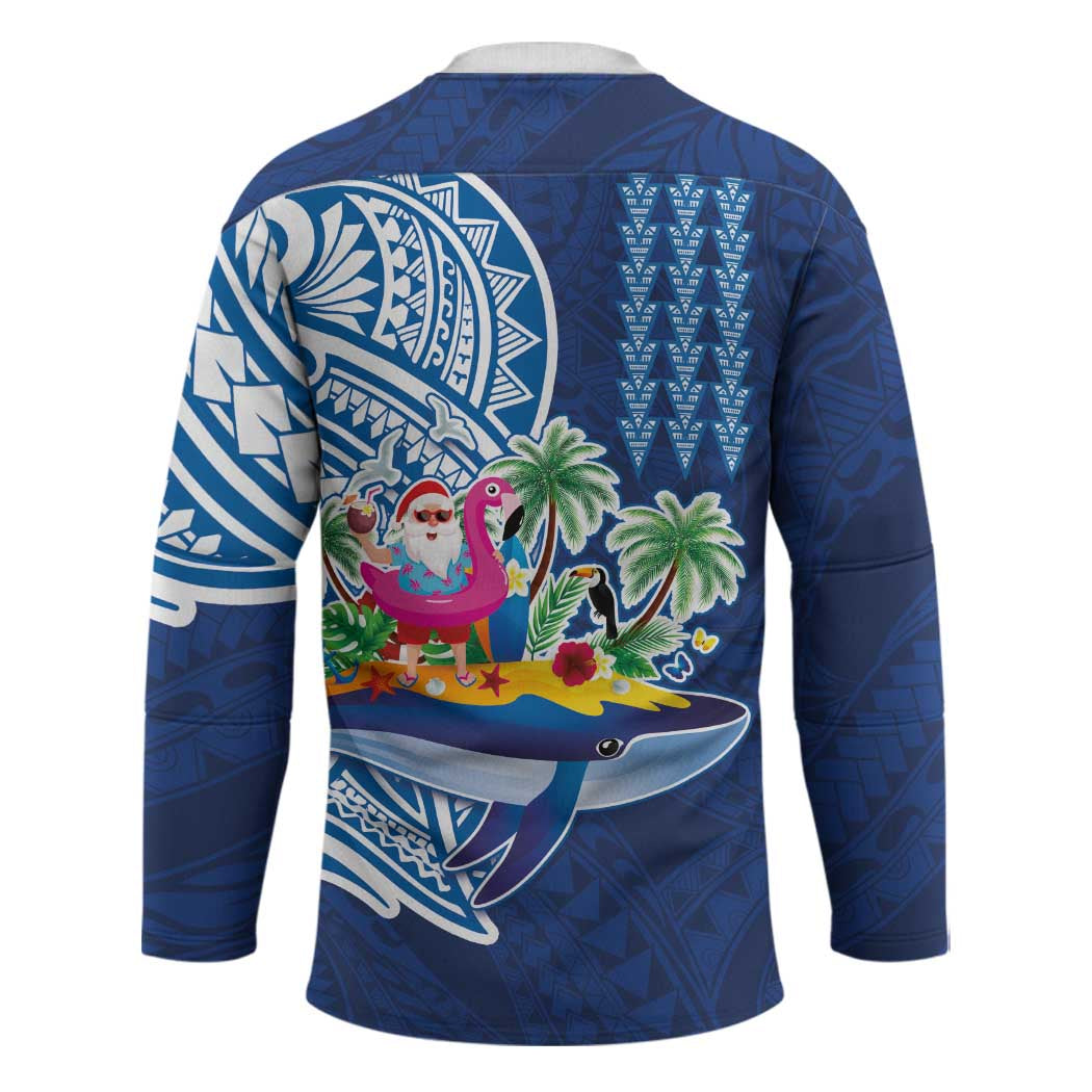 Hawaiian Mele Kalikimaka Hockey Jersey Funny Santa on Whale Island with Kakau Tattoos - Polynesian Pride