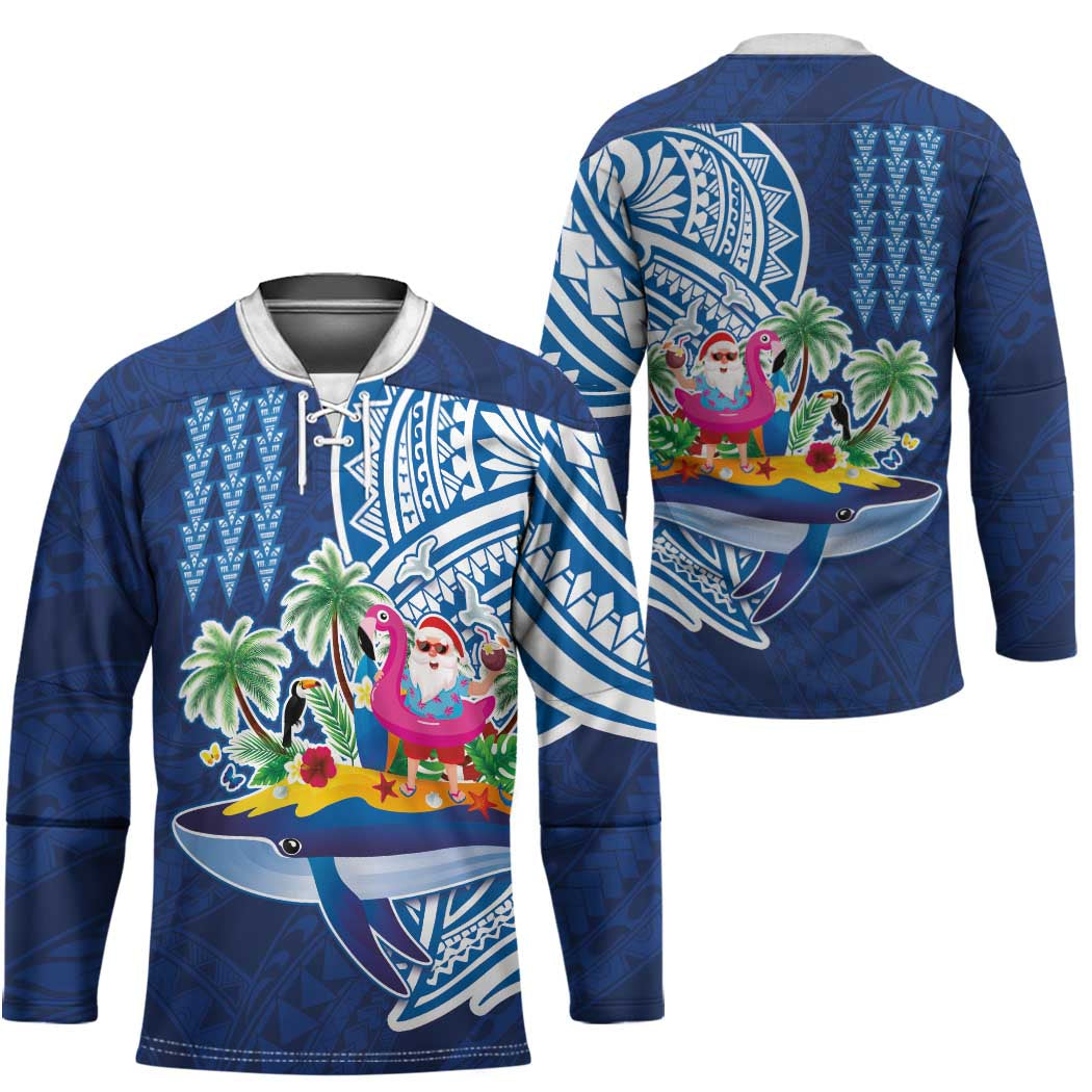 Hawaiian Mele Kalikimaka Hockey Jersey Funny Santa on Whale Island with Kakau Tattoos - Polynesian Pride