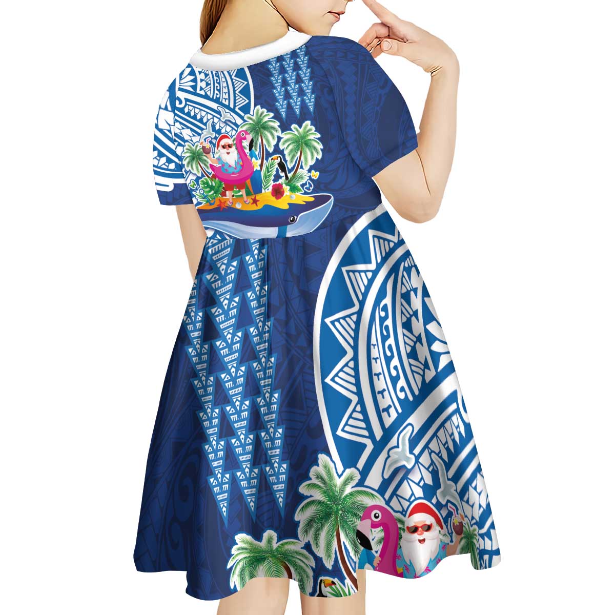 Hawaiian Mele Kalikimaka Kid Short Sleeve Dress Funny Santa on Whale Island with Kakau Tattoos LT03 - Polynesian Pride