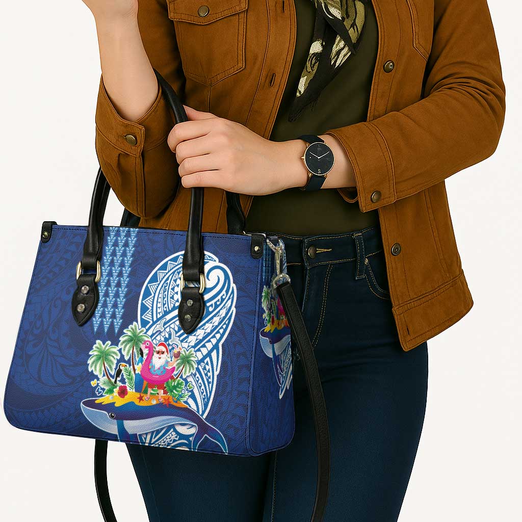 Hawaiian Mele Kalikimaka Leather Bag Funny Santa on Whale Island with Kakau Tattoos - Polynesian Pride