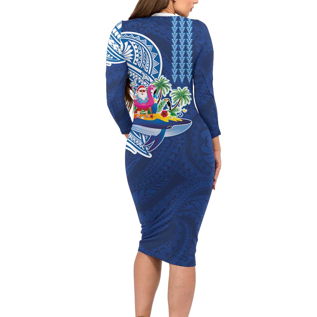 Hawaiian Mele Kalikimaka Long Sleeve Bodycon Dress Funny Santa on Whale Island with Kakau Tattoos LT03 - Polynesian Pride