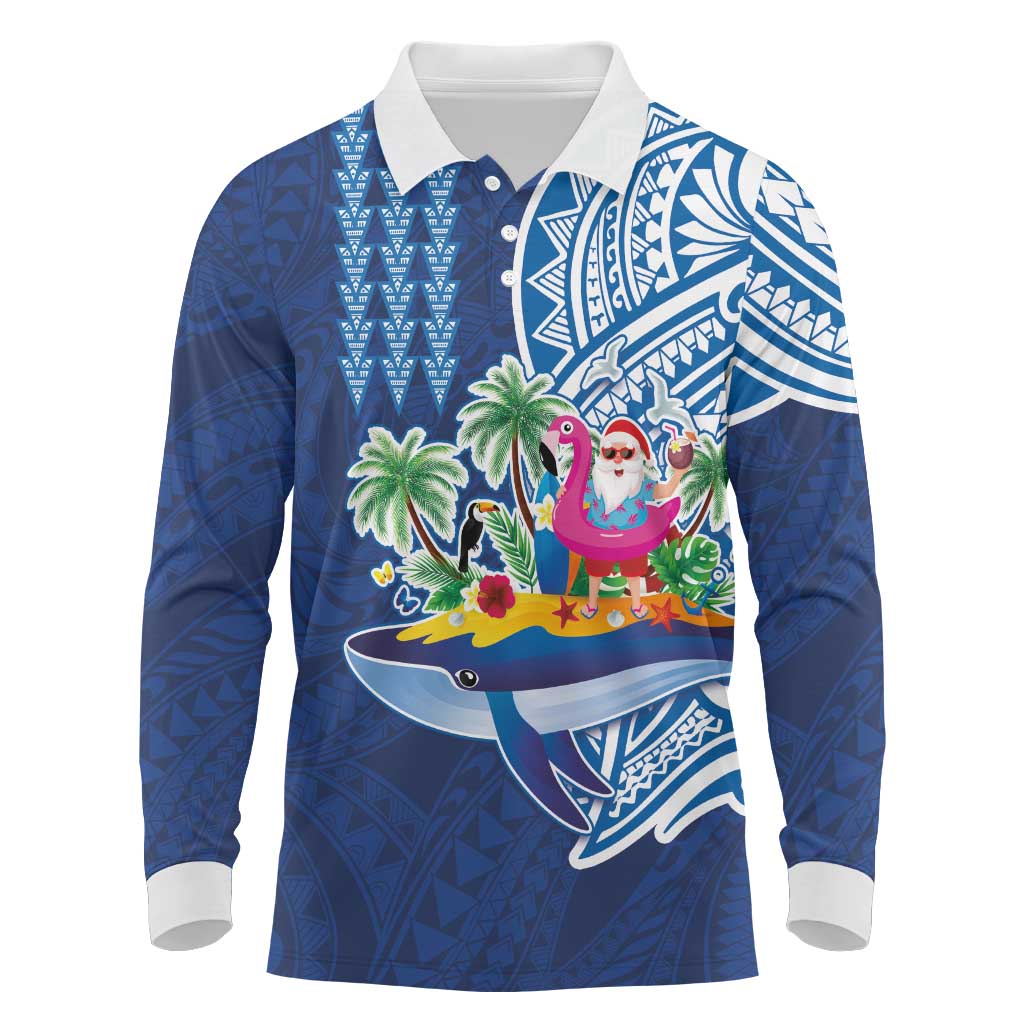 Hawaiian Mele Kalikimaka Long Sleeve Polo Shirt Funny Santa on Whale Island with Kakau Tattoos LT03 Blue - Polynesian Pride