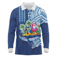 Hawaiian Mele Kalikimaka Long Sleeve Polo Shirt Funny Santa on Whale Island with Kakau Tattoos LT03 Blue - Polynesian Pride