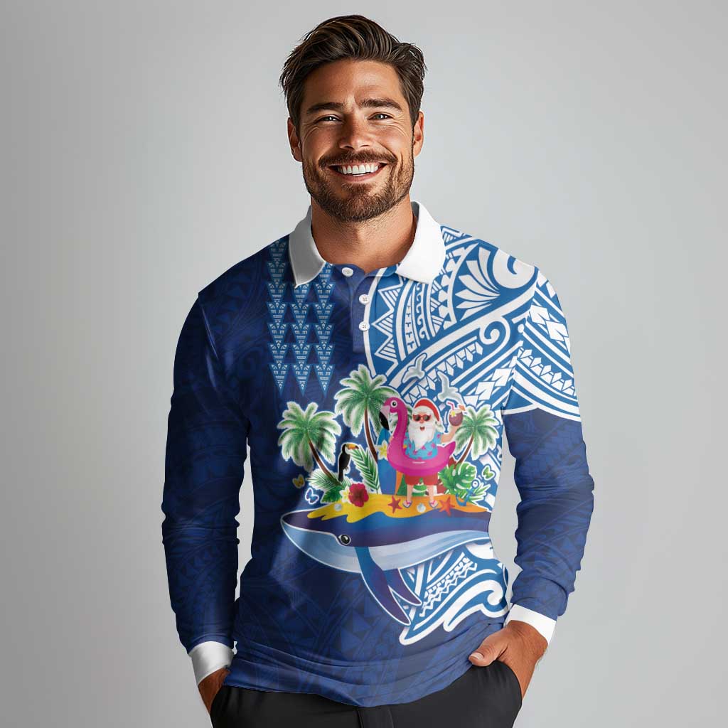 Hawaiian Mele Kalikimaka Long Sleeve Polo Shirt Funny Santa on Whale Island with Kakau Tattoos LT03 - Polynesian Pride