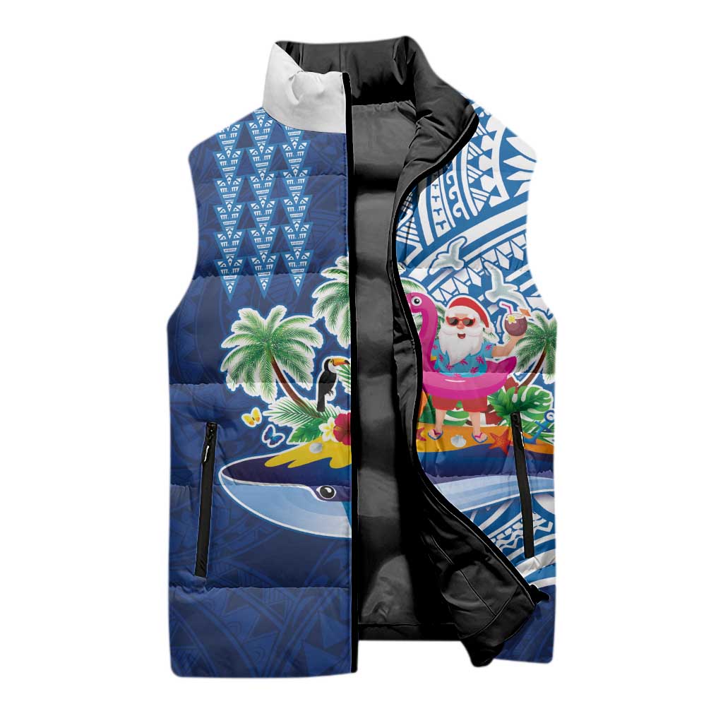 Hawaiian Mele Kalikimaka Sleeveless Puffer Jacket Funny Santa on Whale Island with Kakau Tattoos - Polynesian Pride