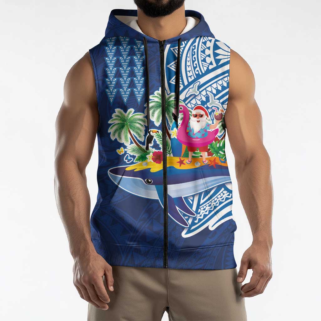 Hawaiian Mele Kalikimaka Sleeveless Zip Hoodie Funny Santa on Whale Island with Kakau Tattoos LT03 - Polynesian Pride