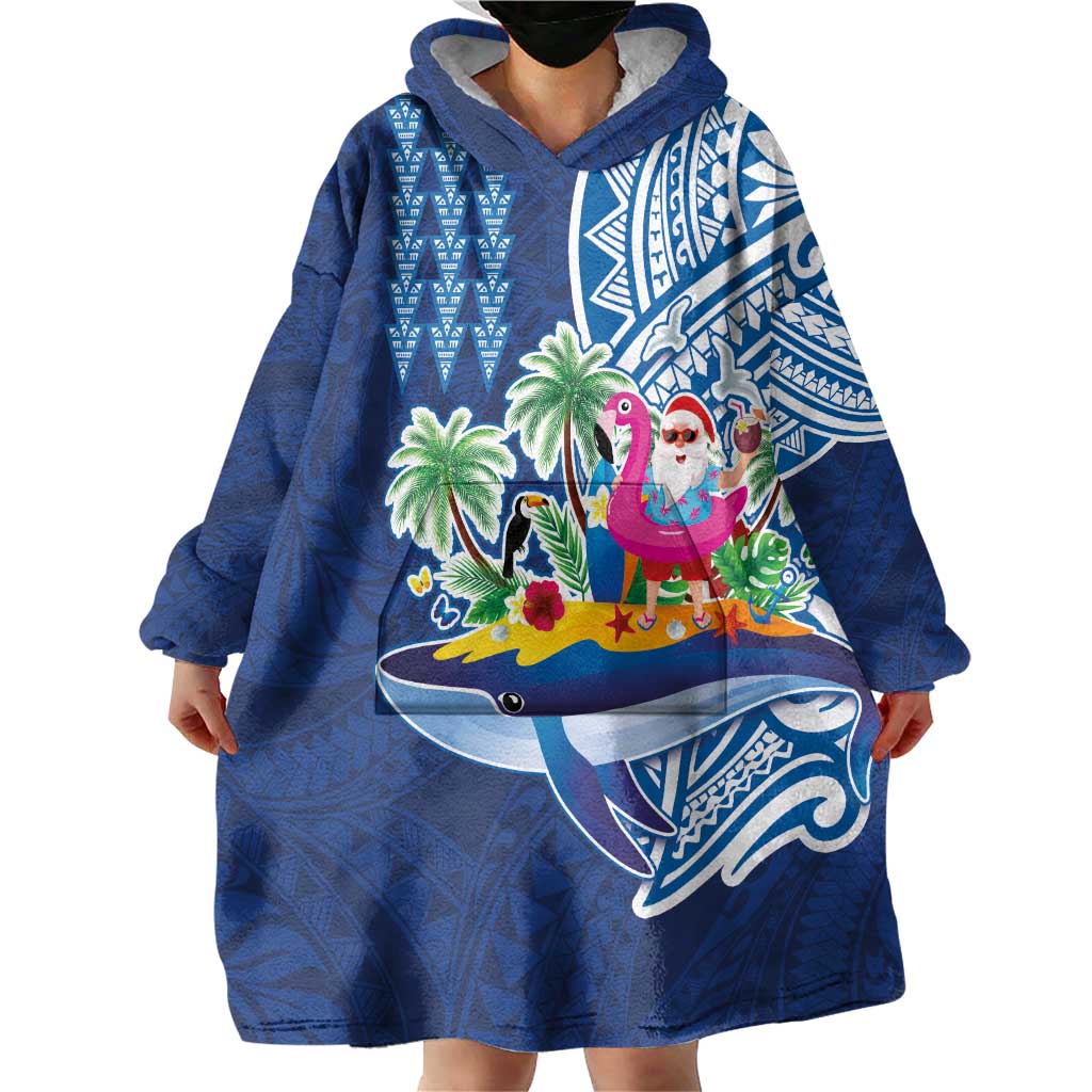 Hawaiian Mele Kalikimaka Wearable Blanket Hoodie Funny Santa on Whale Island with Kakau Tattoos LT03 - Polynesian Pride