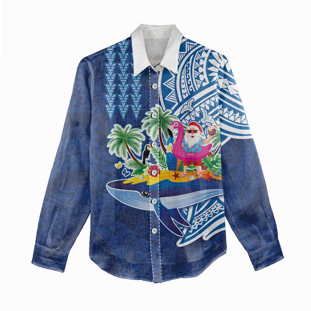 Hawaiian Mele Kalikimaka Women Casual Shirt Funny Santa on Whale Island with Kakau Tattoos LT03 - Polynesian Pride