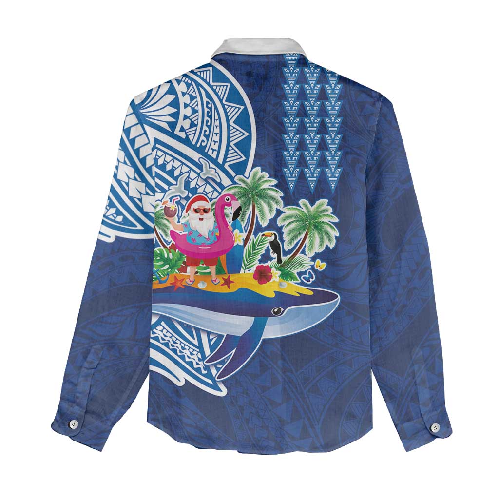 Hawaiian Mele Kalikimaka Women Casual Shirt Funny Santa on Whale Island with Kakau Tattoos LT03 - Polynesian Pride