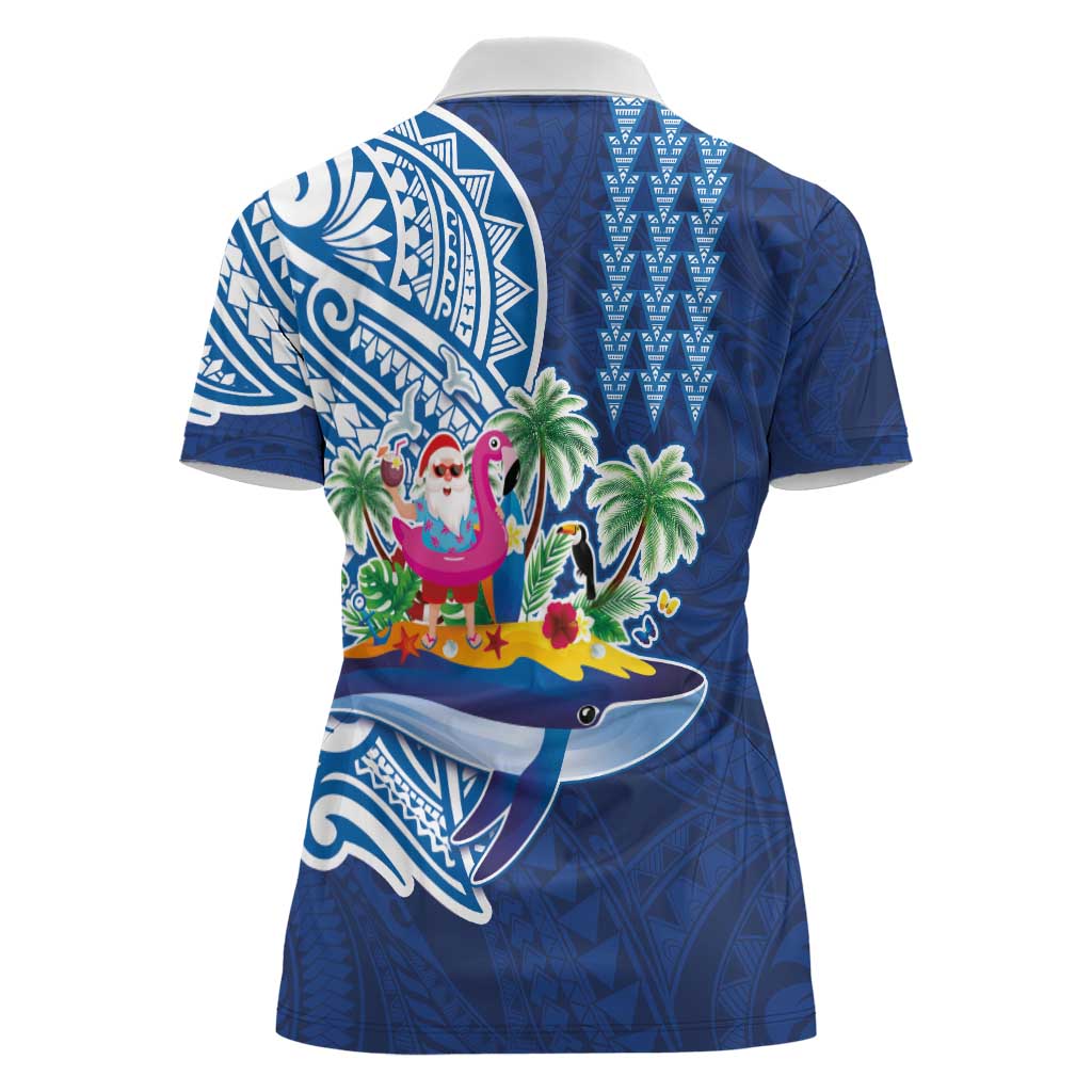 Hawaiian Mele Kalikimaka Women Polo Shirt Funny Santa on Whale Island with Kakau Tattoos LT03 - Polynesian Pride