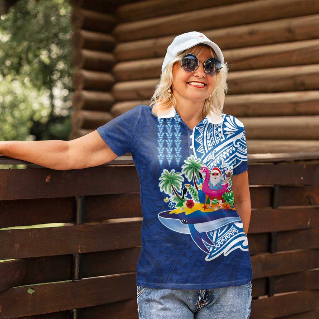Hawaiian Mele Kalikimaka Women Polo Shirt Funny Santa on Whale Island with Kakau Tattoos LT03 - Polynesian Pride
