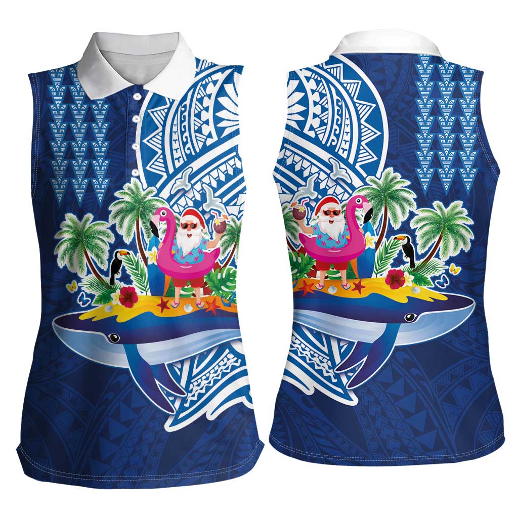 Hawaiian Mele Kalikimaka Women Sleeveless Polo Shirt Funny Santa on Whale Island with Kakau Tattoos LT03 - Polynesian Pride
