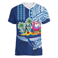 Hawaiian Mele Kalikimaka Women V-Neck T-Shirt Funny Santa on Whale Island with Kakau Tattoos LT03 Female Blue - Polynesian Pride