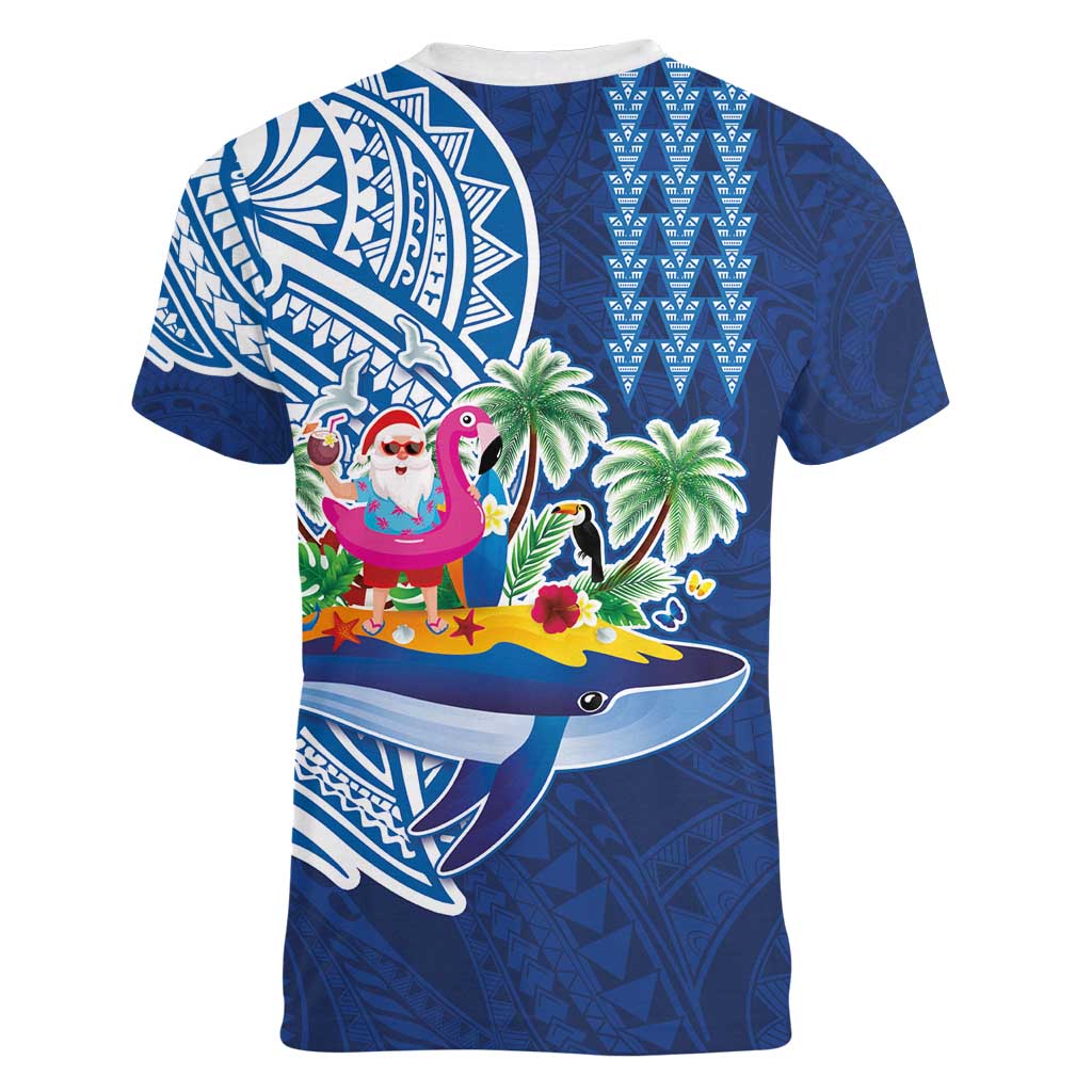 Hawaiian Mele Kalikimaka Women V-Neck T-Shirt Funny Santa on Whale Island with Kakau Tattoos LT03 - Polynesian Pride