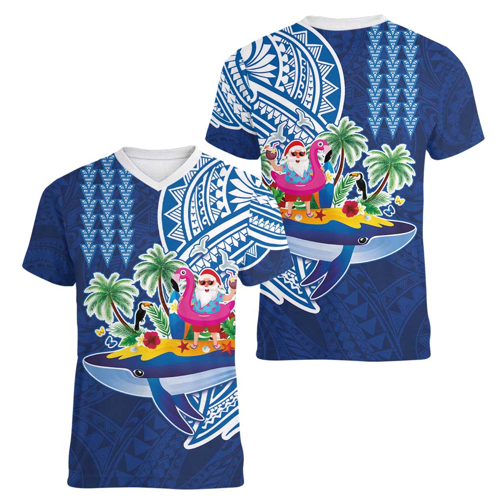 Hawaiian Mele Kalikimaka Women V-Neck T-Shirt Funny Santa on Whale Island with Kakau Tattoos LT03 - Polynesian Pride