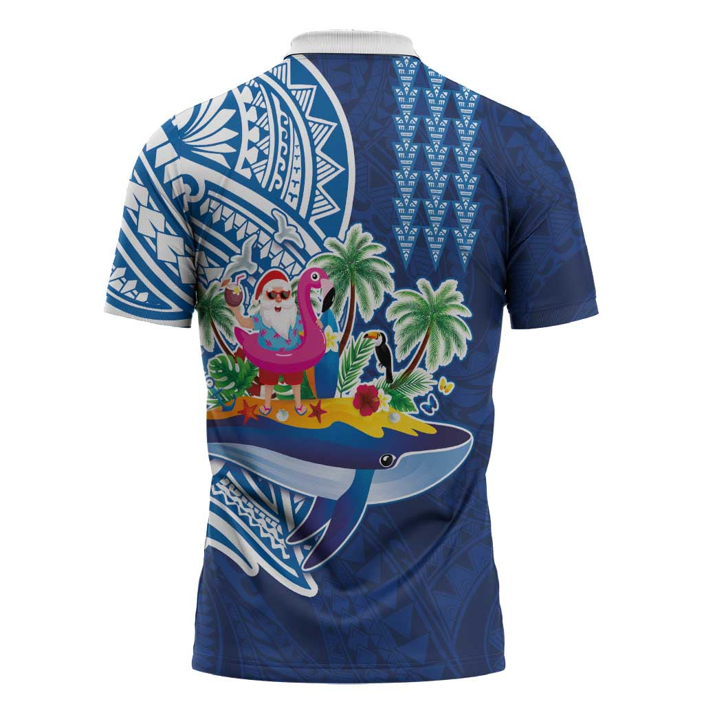 Hawaiian Mele Kalikimaka Zipper Polo Shirt Funny Santa on Whale Island with Kakau Tattoos LT03 - Polynesian Pride