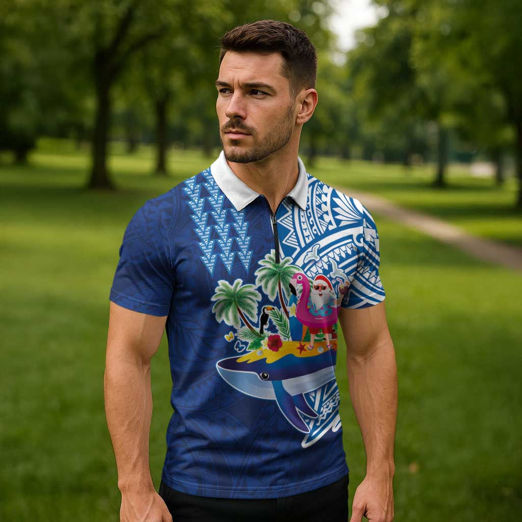 Hawaiian Mele Kalikimaka Zipper Polo Shirt Funny Santa on Whale Island with Kakau Tattoos LT03 - Polynesian Pride