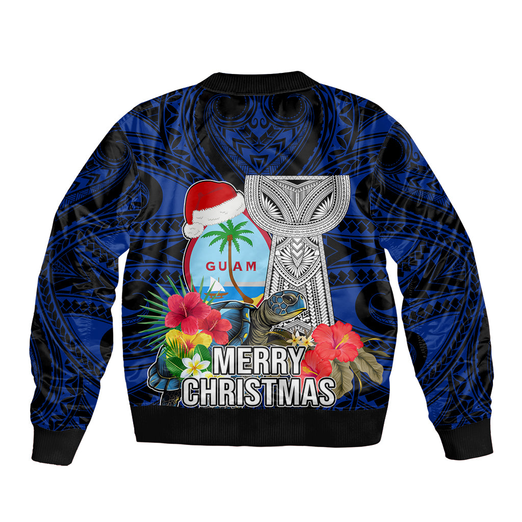 Guam Christmas Bomber Jacket Santa Gift Latte Stone and Sea Turle Mix Hibiscus Chamorro Blue Style LT03