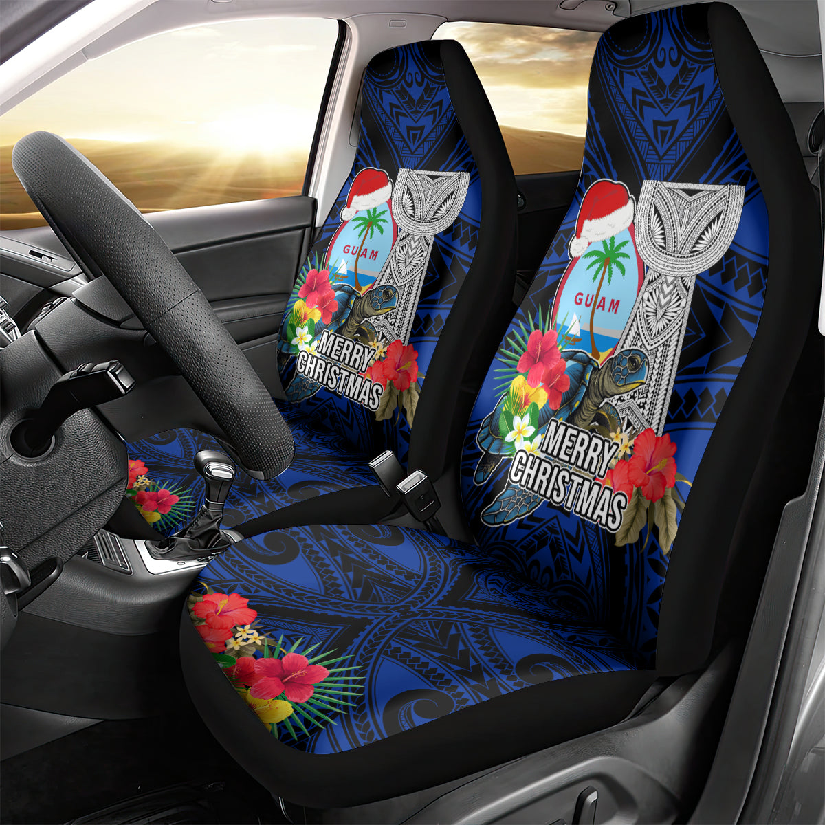 Guam Christmas Car Seat Cover Santa Gift Latte Stone and Sea Turle Mix Hibiscus Chamorro Blue Style LT03