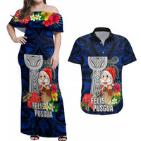 Guam Christmas Couples Matching Off Shoulder Maxi Dress and Hawaiian Shirt Santa Gift Latte Stone and Sea Turle Mix Hibiscus Chamorro Blue Style LT03 Blue - Polynesian Pride
