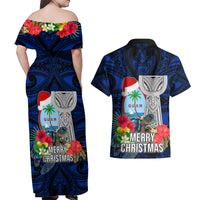 Guam Christmas Couples Matching Off Shoulder Maxi Dress and Hawaiian Shirt Santa Gift Latte Stone and Sea Turle Mix Hibiscus Chamorro Blue Style LT03 - Polynesian Pride