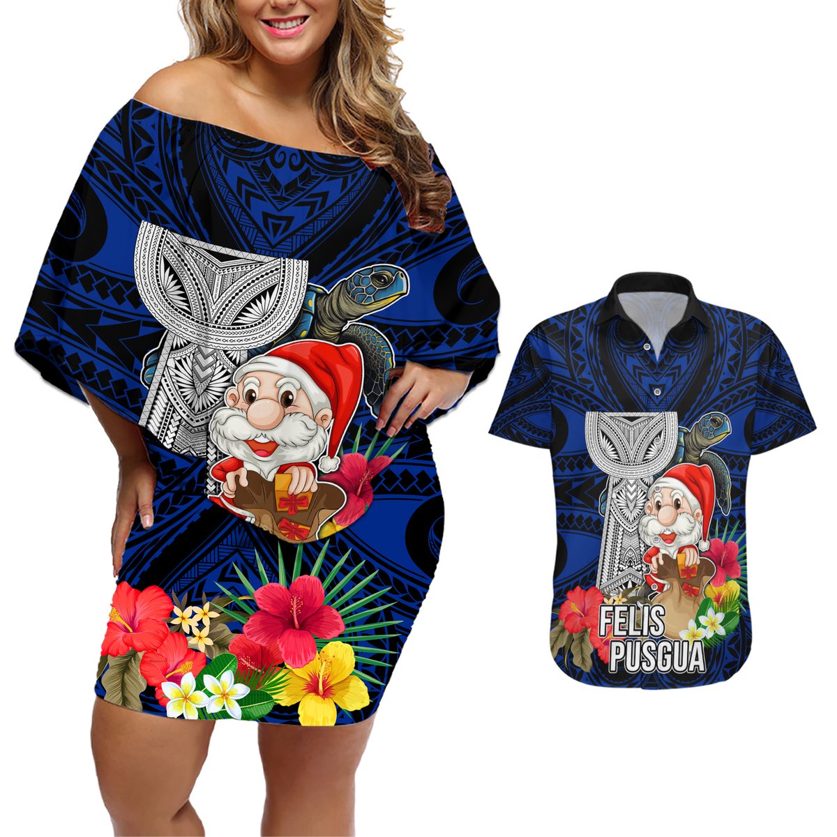 Guam Christmas Couples Matching Off Shoulder Short Dress and Hawaiian Shirt Santa Gift Latte Stone and Sea Turle Mix Hibiscus Chamorro Blue Style LT03 Blue - Polynesian Pride