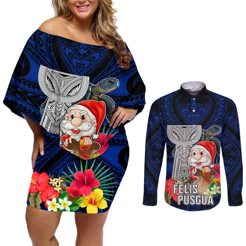 Guam Christmas Couples Matching Off Shoulder Short Dress and Long Sleeve Button Shirt Santa Gift Latte Stone and Sea Turle Mix Hibiscus Chamorro Blue Style LT03 Blue - Polynesian Pride