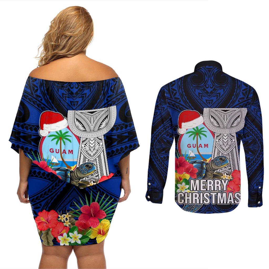 Guam Christmas Couples Matching Off Shoulder Short Dress and Long Sleeve Button Shirt Santa Gift Latte Stone and Sea Turle Mix Hibiscus Chamorro Blue Style LT03 - Polynesian Pride