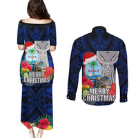 Guam Christmas Couples Matching Puletasi Dress and Long Sleeve Button Shirt Santa Gift Latte Stone and Sea Turle Mix Hibiscus Chamorro Blue Style LT03