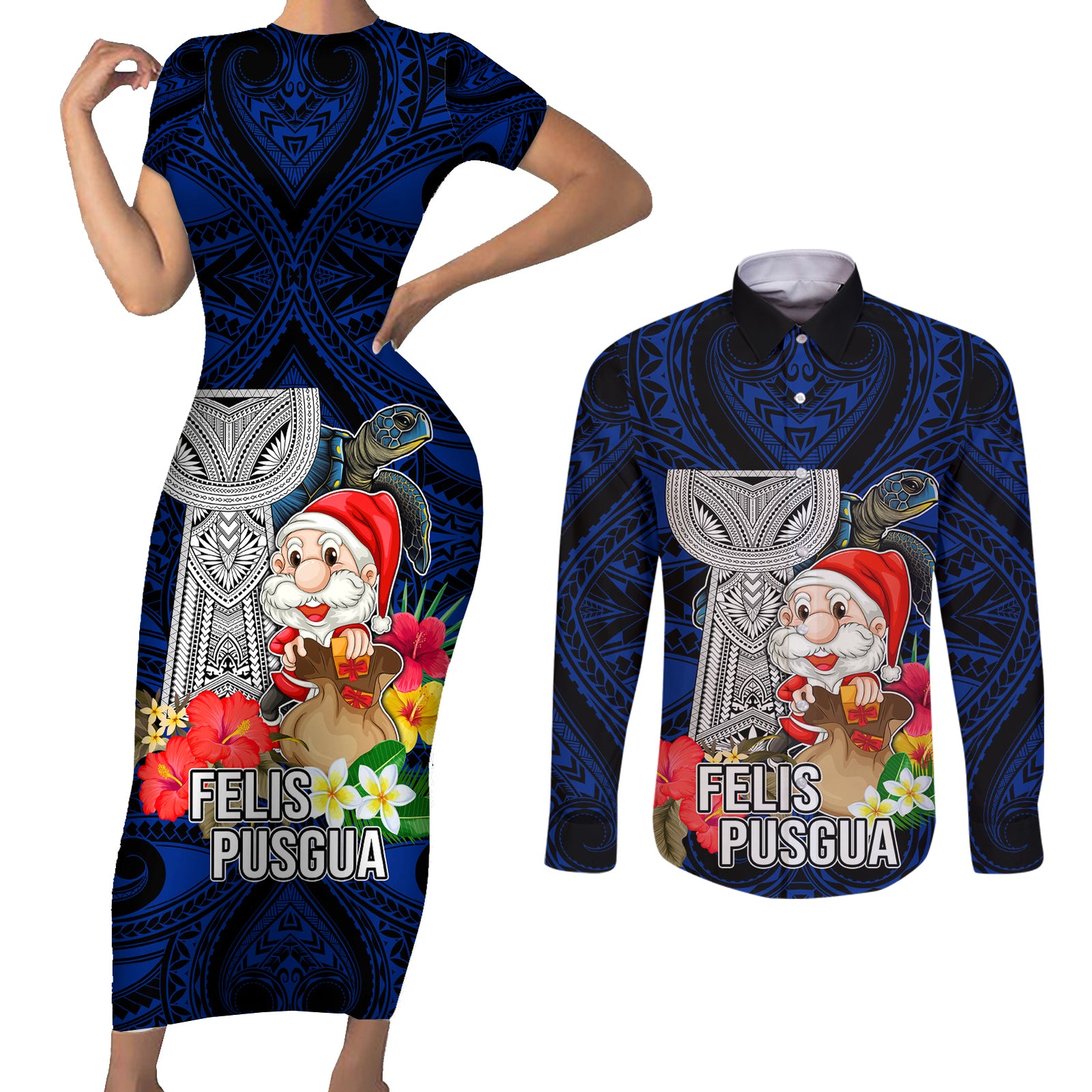 Guam Christmas Couples Matching Short Sleeve Bodycon Dress and Long Sleeve Button Shirt Santa Gift Latte Stone and Sea Turle Mix Hibiscus Chamorro Blue Style LT03
