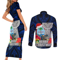 Guam Christmas Couples Matching Short Sleeve Bodycon Dress and Long Sleeve Button Shirt Santa Gift Latte Stone and Sea Turle Mix Hibiscus Chamorro Blue Style LT03