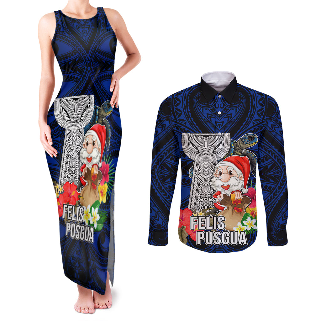 Guam Christmas Couples Matching Tank Maxi Dress and Long Sleeve Button Shirt Santa Gift Latte Stone and Sea Turle Mix Hibiscus Chamorro Blue Style LT03