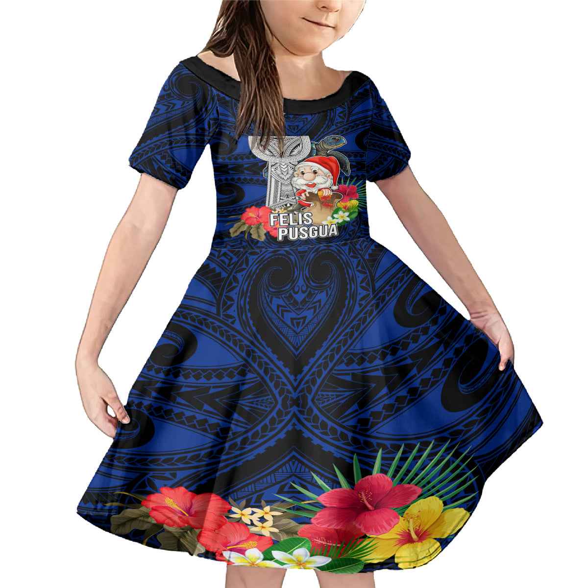 Guam Christmas Family Matching Mermaid Dress and Hawaiian Shirt Santa Gift Latte Stone and Sea Turle Mix Hibiscus Chamorro Blue Style LT03