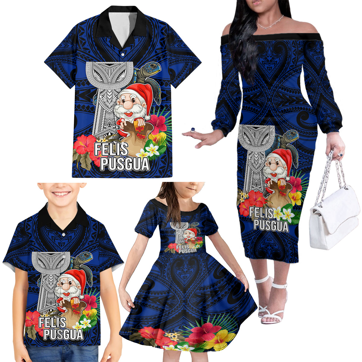 Guam Christmas Family Matching Off Shoulder Long Sleeve Dress and Hawaiian Shirt Santa Gift Latte Stone and Sea Turle Mix Hibiscus Chamorro Blue Style LT03 - Polynesian Pride
