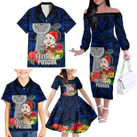 Guam Christmas Family Matching Off Shoulder Long Sleeve Dress and Hawaiian Shirt Santa Gift Latte Stone and Sea Turle Mix Hibiscus Chamorro Blue Style LT03 - Polynesian Pride