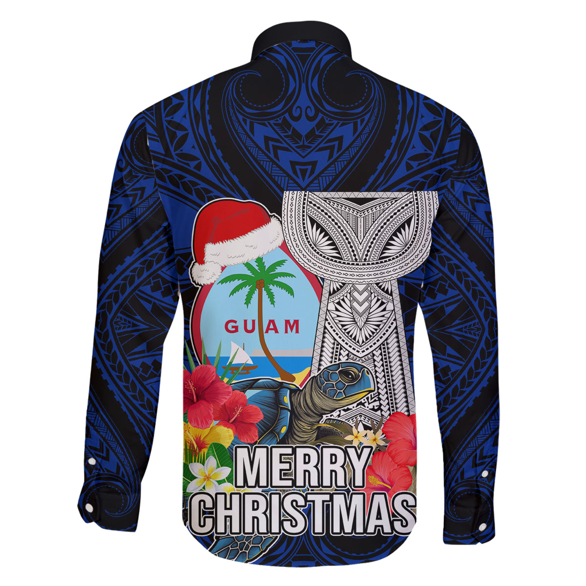 Guam Christmas Family Matching Off Shoulder Long Sleeve Dress and Hawaiian Shirt Santa Gift Latte Stone and Sea Turle Mix Hibiscus Chamorro Blue Style LT03 - Polynesian Pride